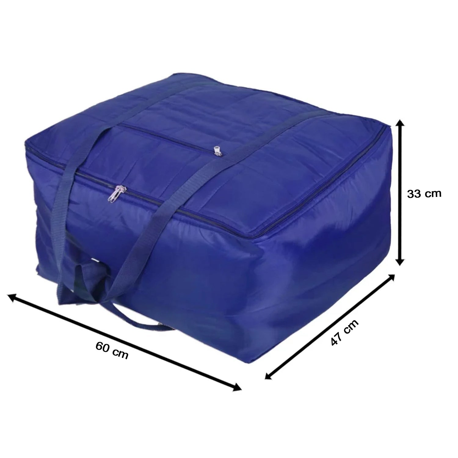 Carrying handles on durable storage bag for bedding and blankets