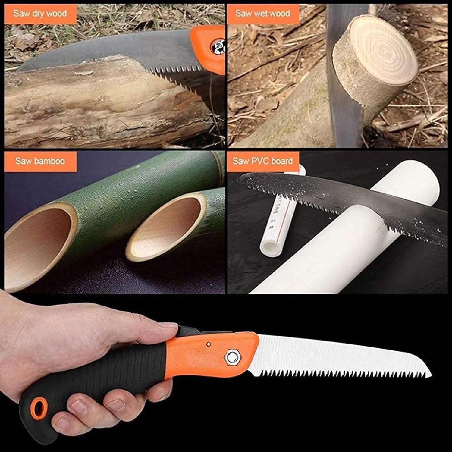 Ergonomic grip on folding garden hand saw for comfortable outdoor use