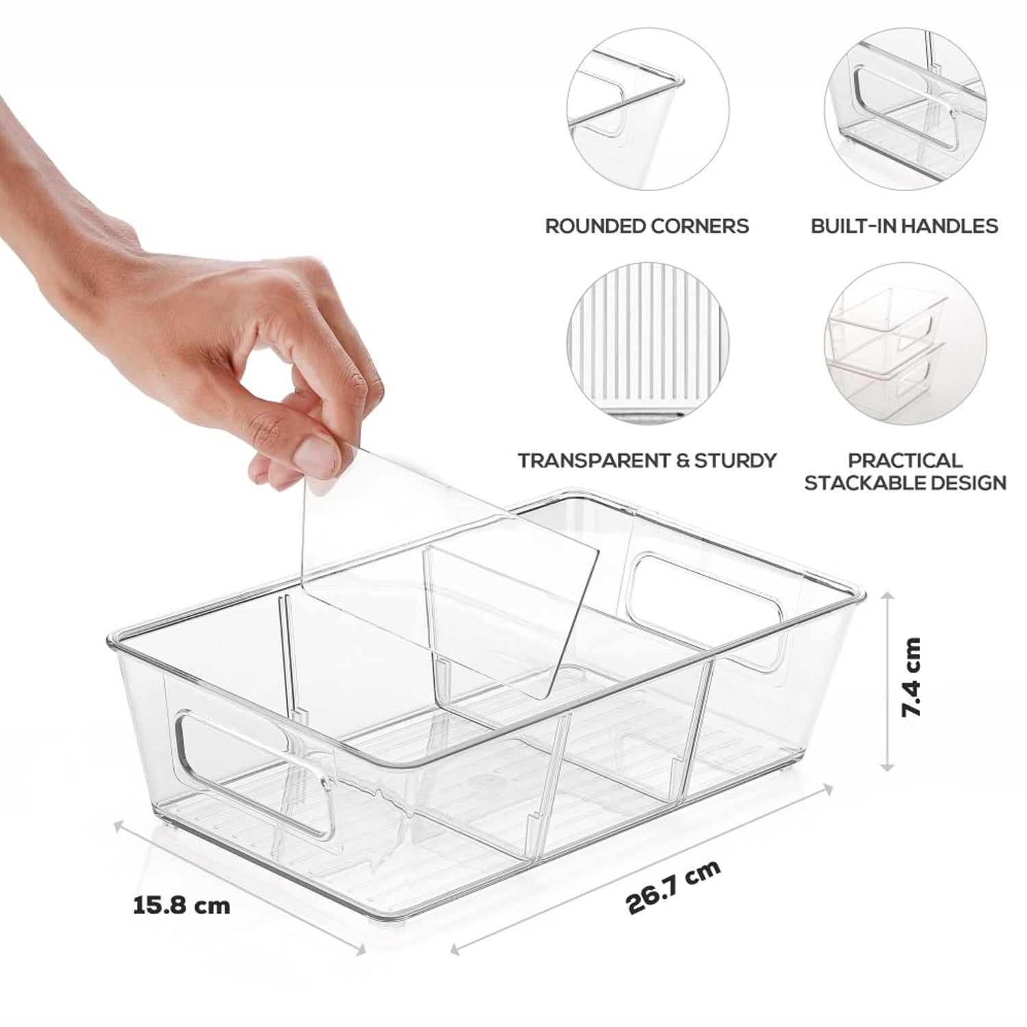 Front view of a clear stackable refrigerator organizer bin, ready for use.