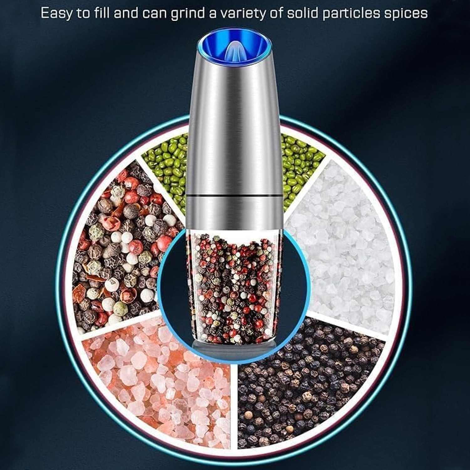 Gravity activated electric grinder tilted to start grinding salt and pepper