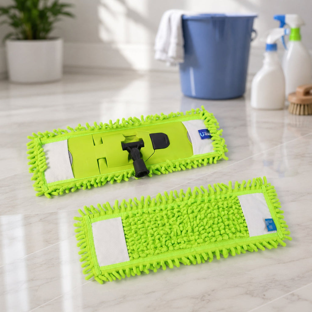 Close-up of the plush microfiber chenille mop head for effective dust and dirt collection.
