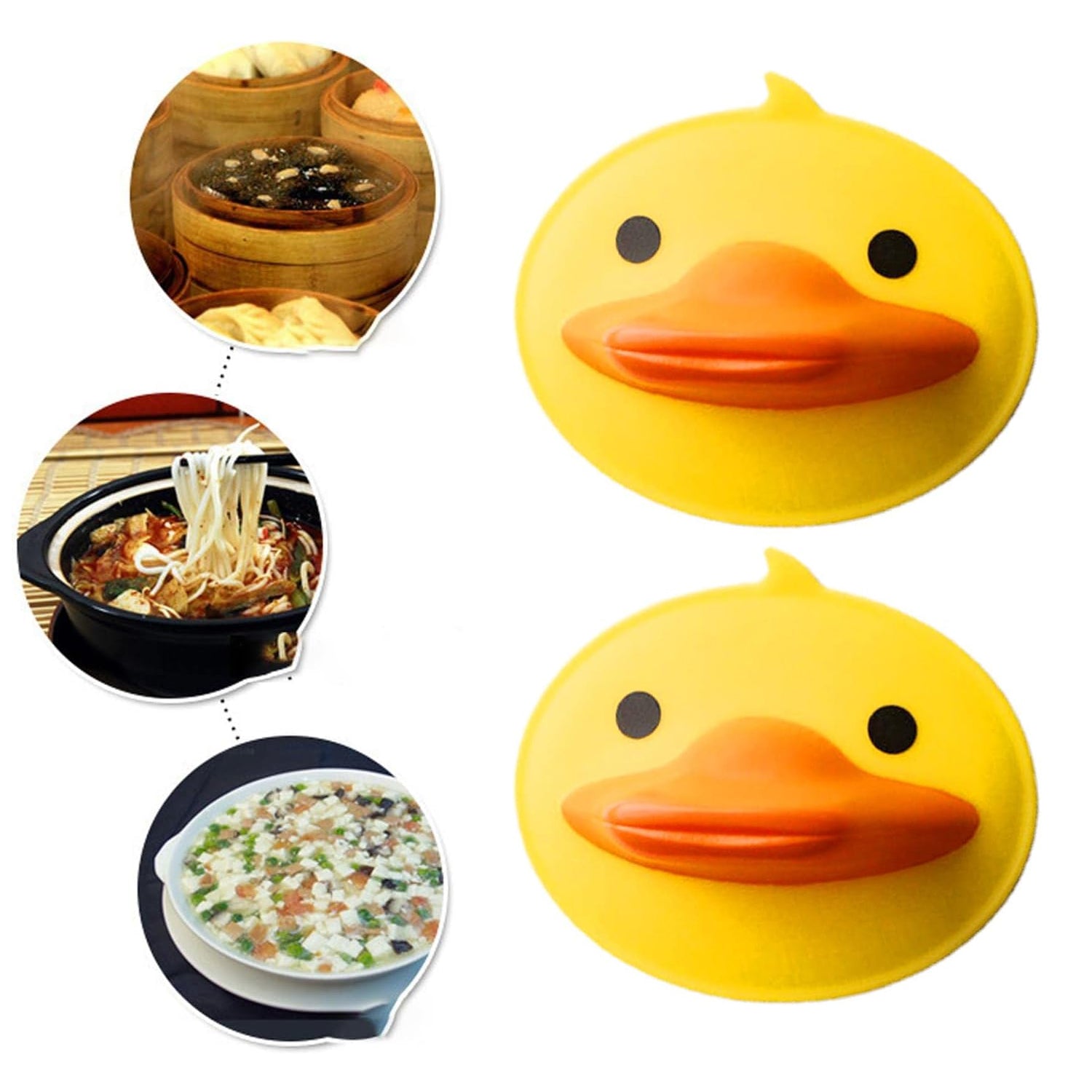 Bright yellow silicone duck-shaped pot holder in practical use