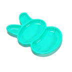 Full set of six multicolor kids' rabbit dishes arranged on a surface.