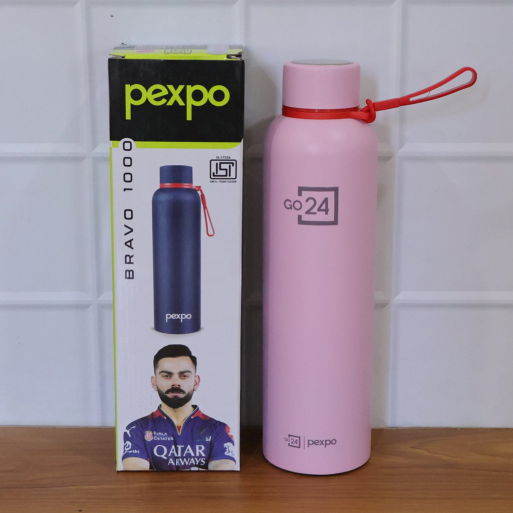 Side view of Pexpo Bravo insulated stainless steel water bottle