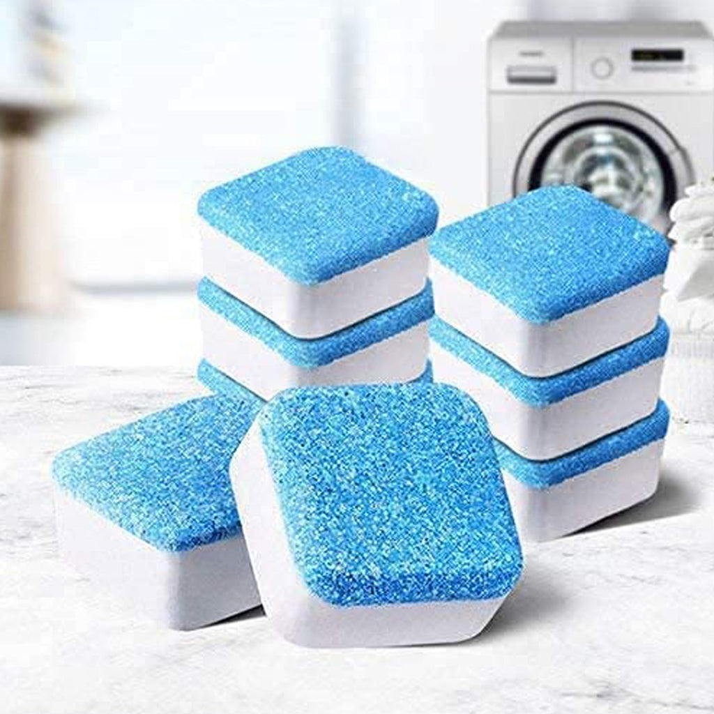 Open container showing multiple washing machine cleaner tablets.