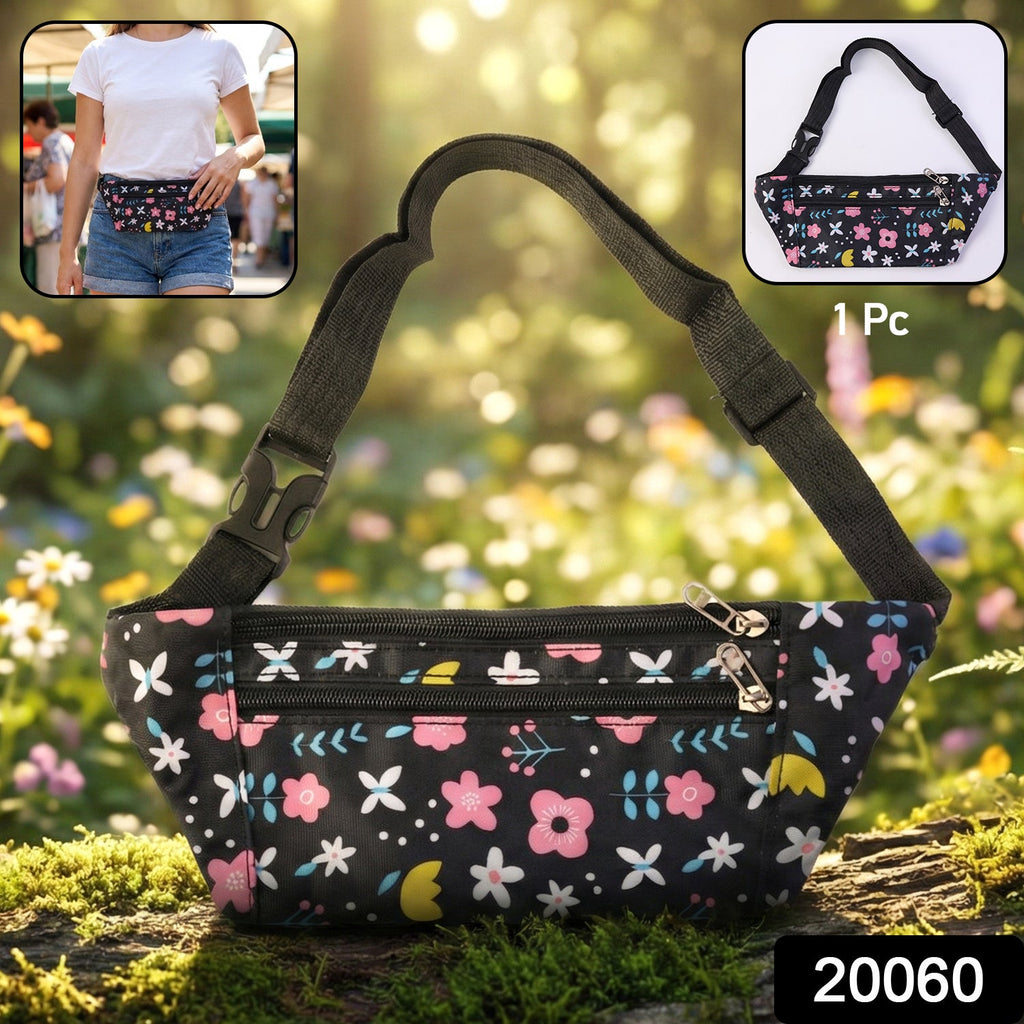 Compact floral print waist pouch with secure zipper