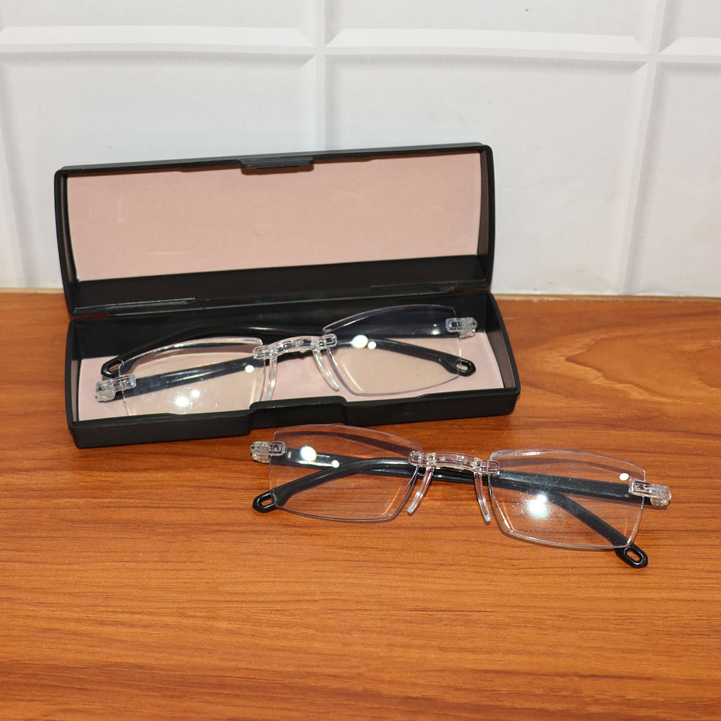 Rimless reading glasses highlighting clear anti-glare lenses and slim frame