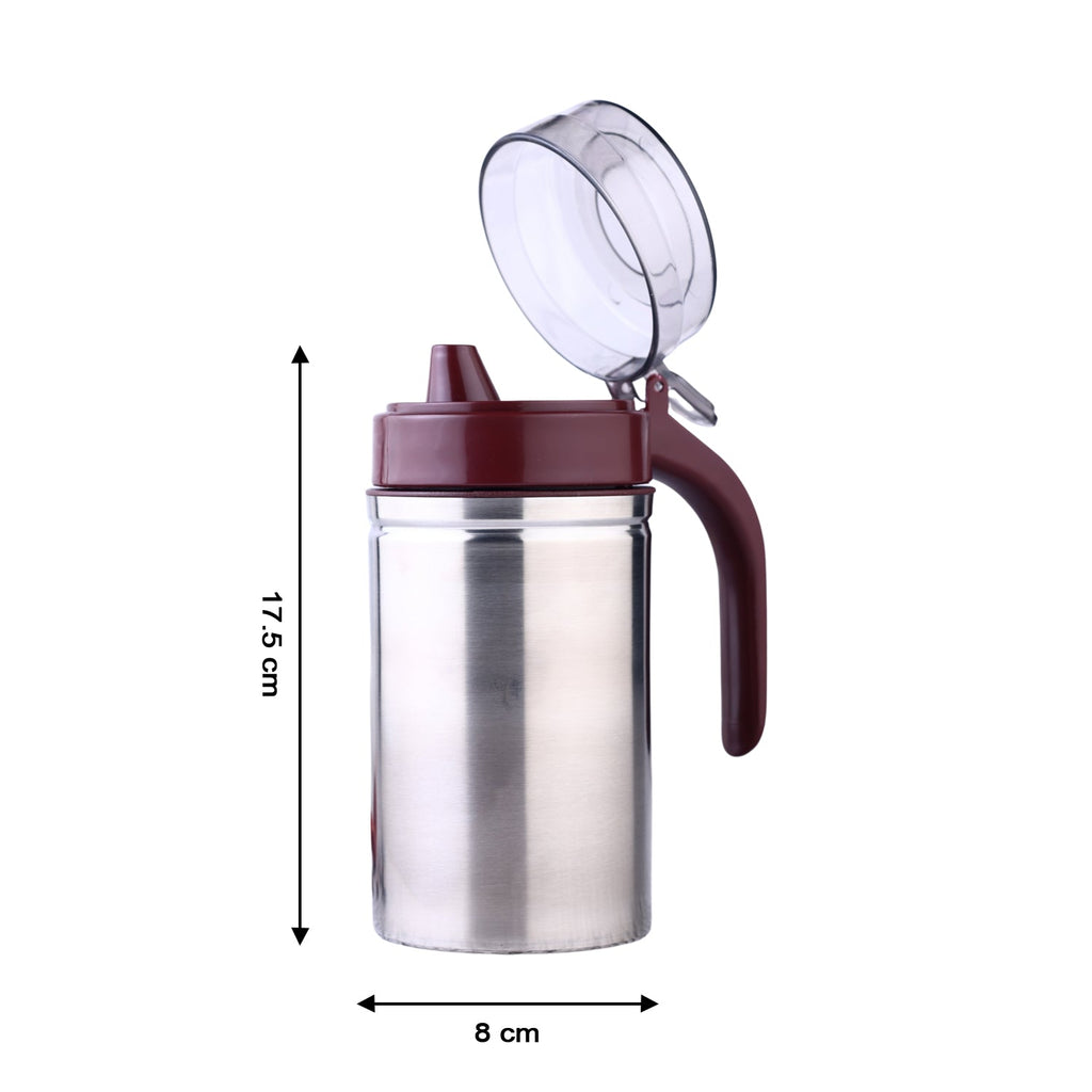Compact stainless steel oil dispenser, perfect for any kitchen countertop.