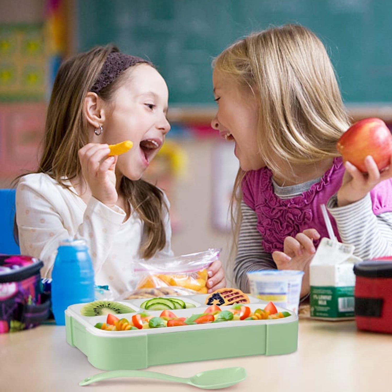 Leak-proof lunch box with 4 compartments and handle by Lunchie Bunchie