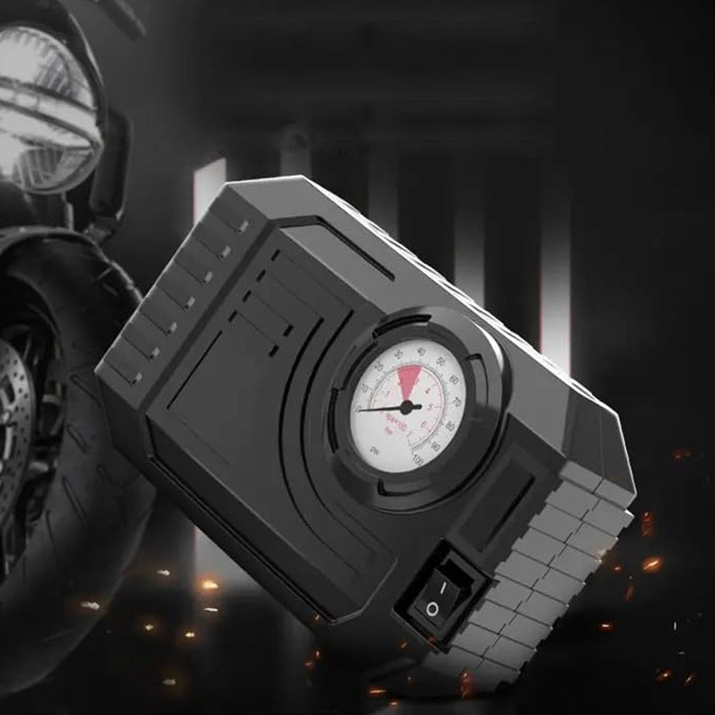 RaceVault Portable Tire Inflator with gauge and nozzle on a white background.