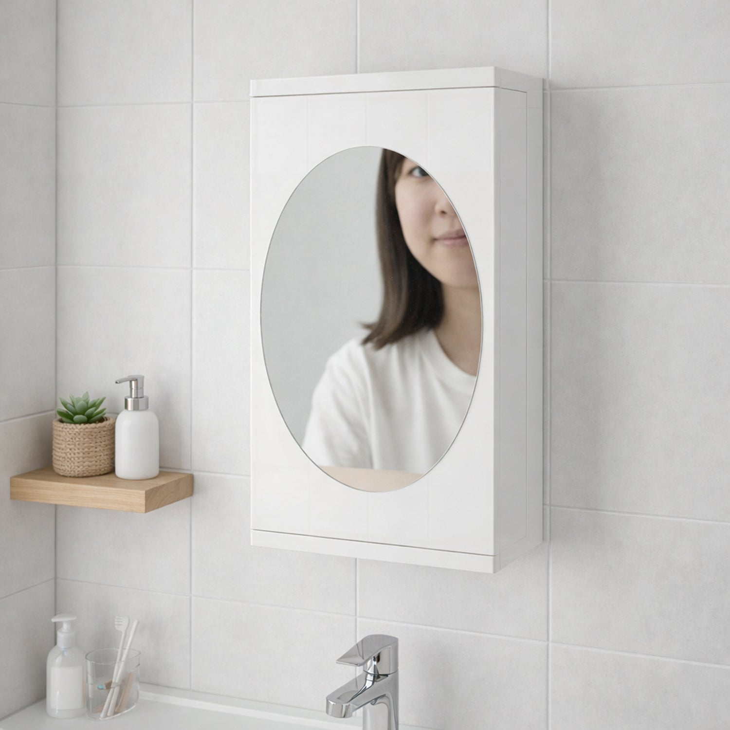 Wall mounted makeup mirror cabinet for vanity and bathroom space