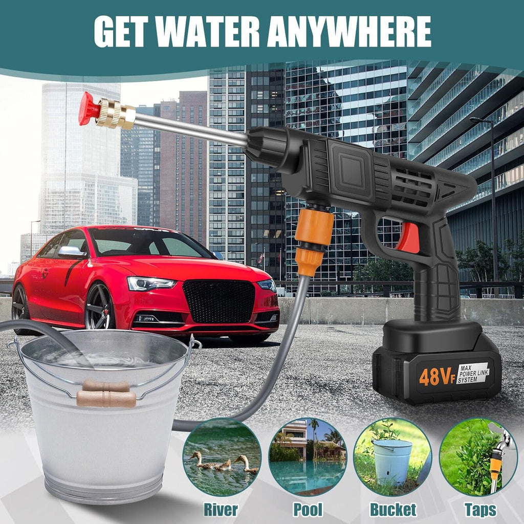 Components of the 48V cordless car washer gun kit including charger and hose.