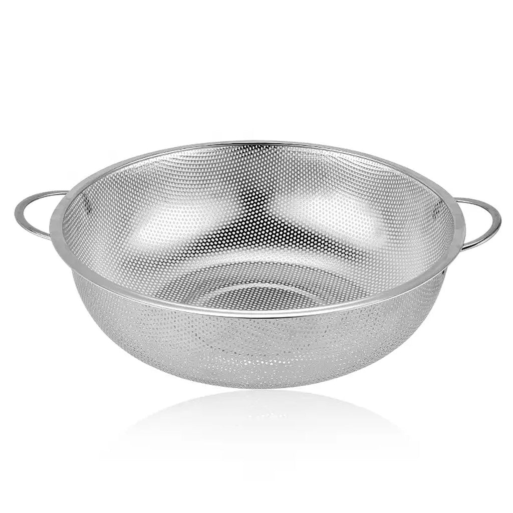 Stainless steel rice washing strainer bowl in use, cleaning basmati rice.