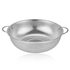 Stainless steel rice washing strainer bowl in use, cleaning basmati rice.