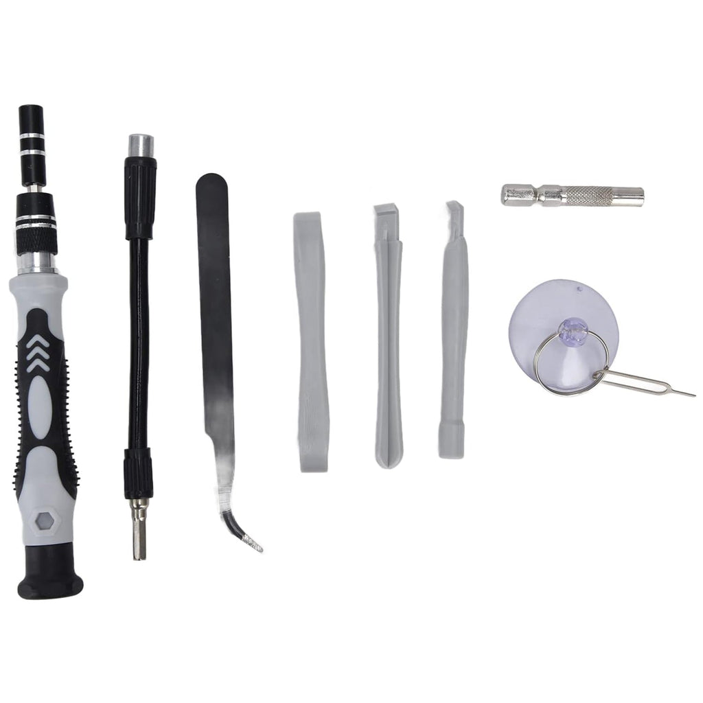 Precision screwdriver tools and bits organized in a compact case