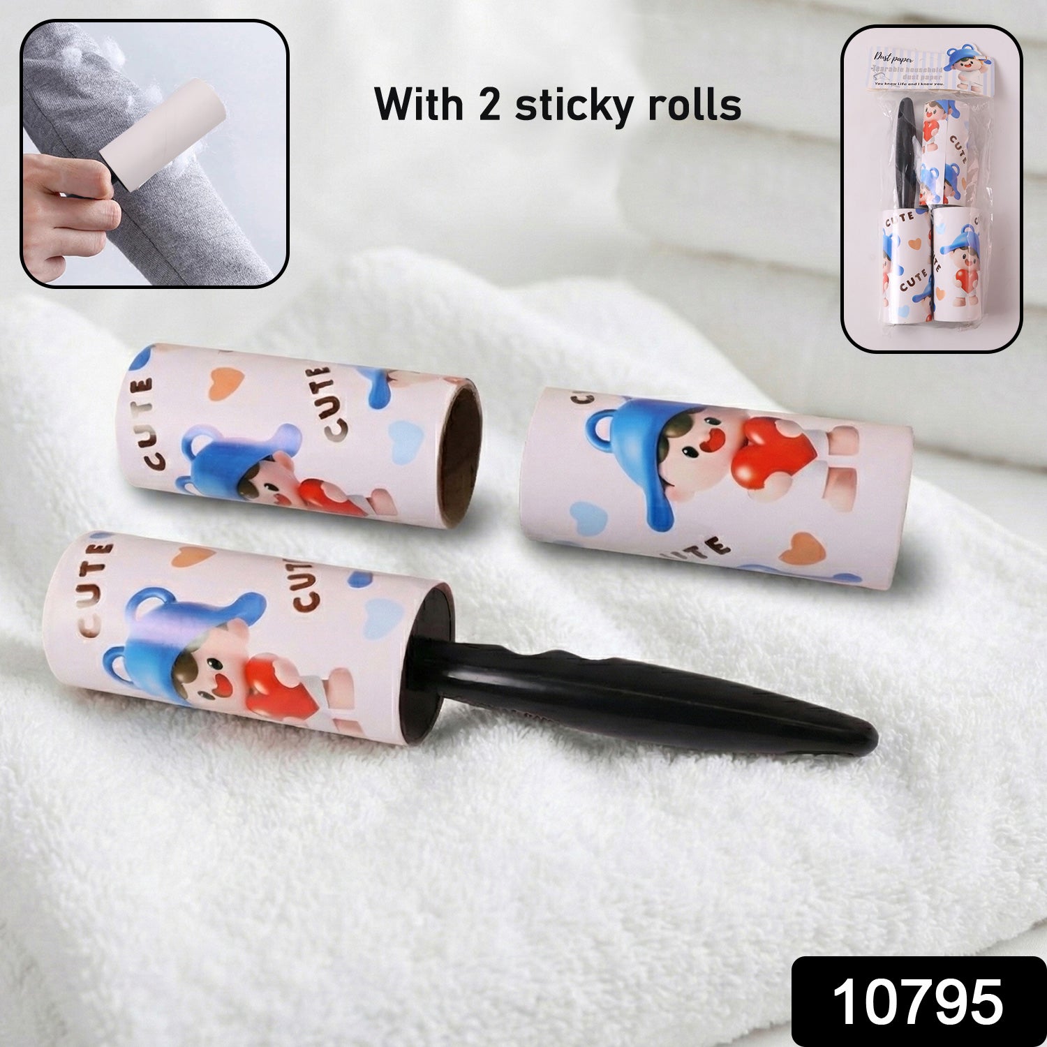 Close-up of sticky lint roller with ergonomic handle for fabric cleaning