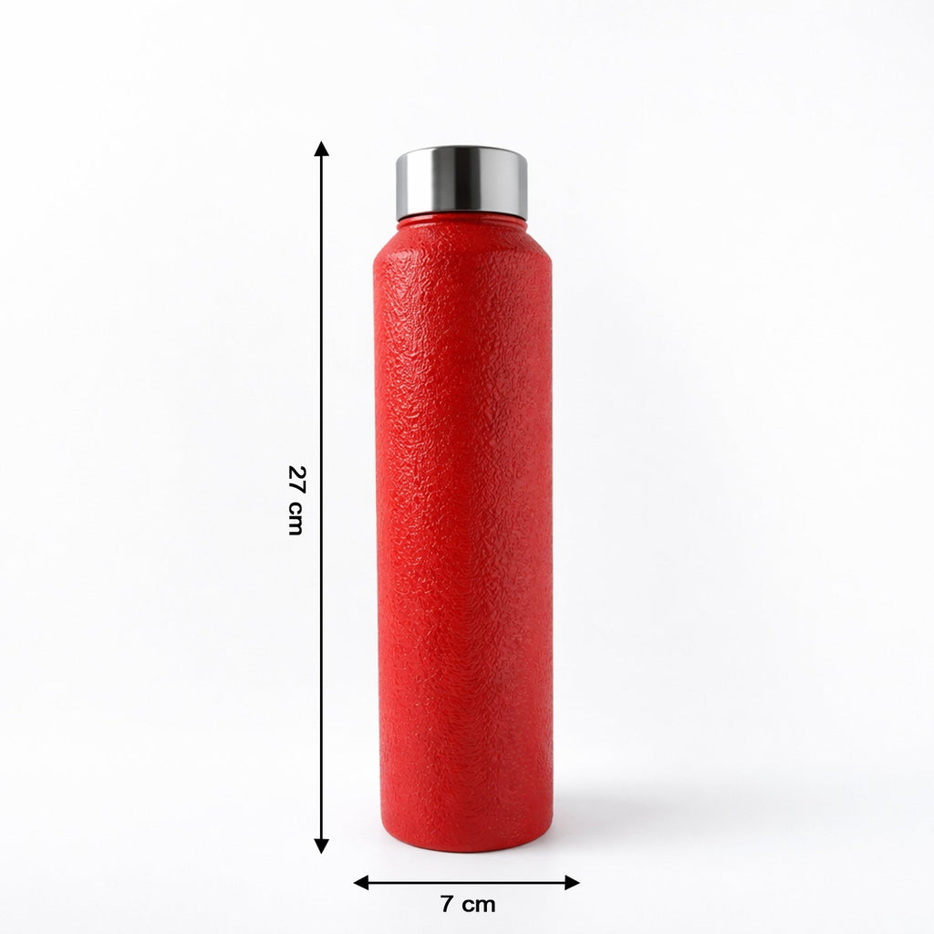 Closeup of red stainless steel water bottle with durable finish