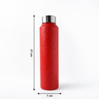 Closeup of red stainless steel water bottle with durable finish