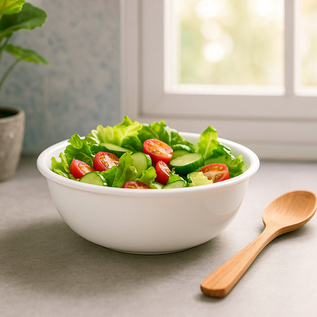 Stackable white plastic serving bowls with deep round shape