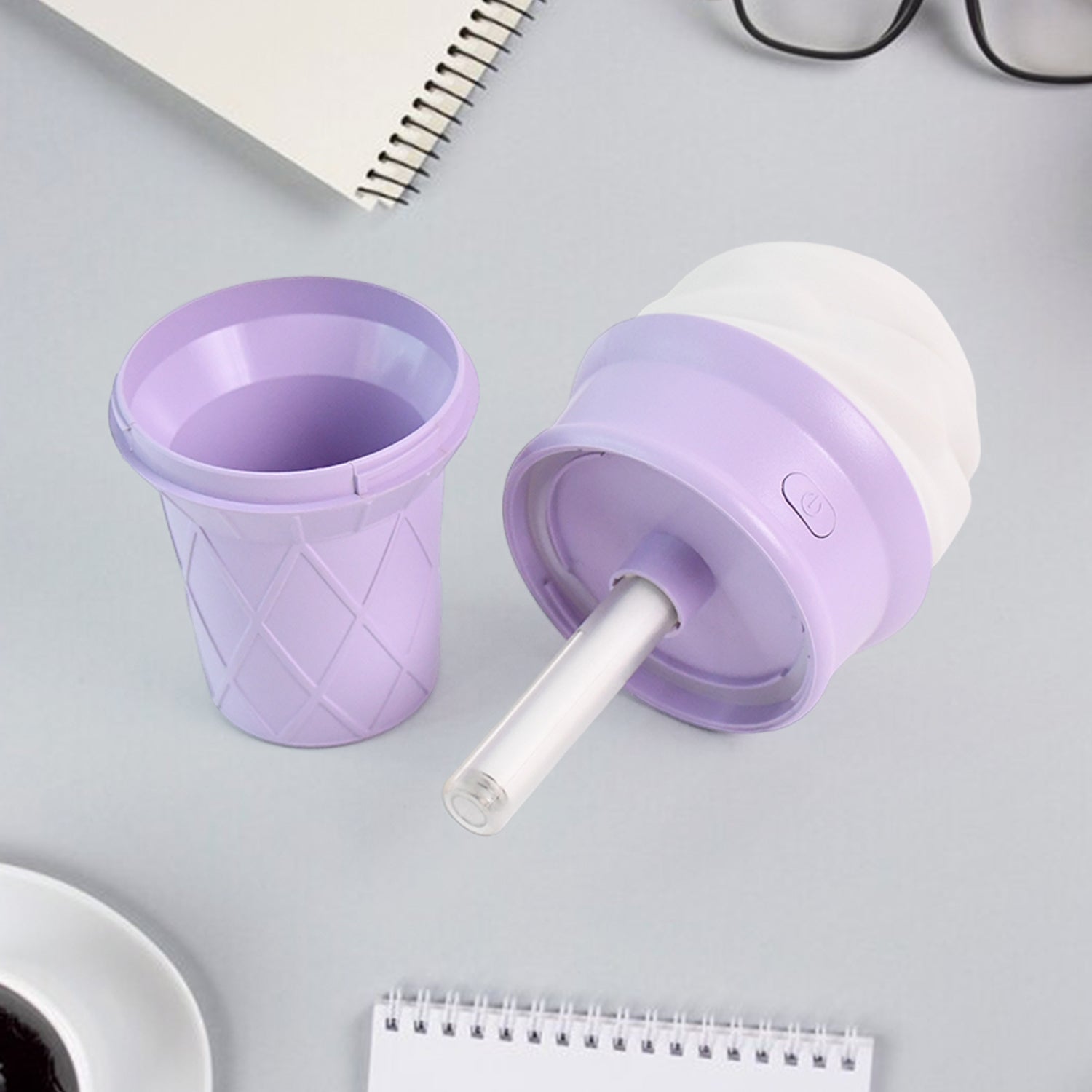 Novelty aroma humidifier in purple ice cream cone shape