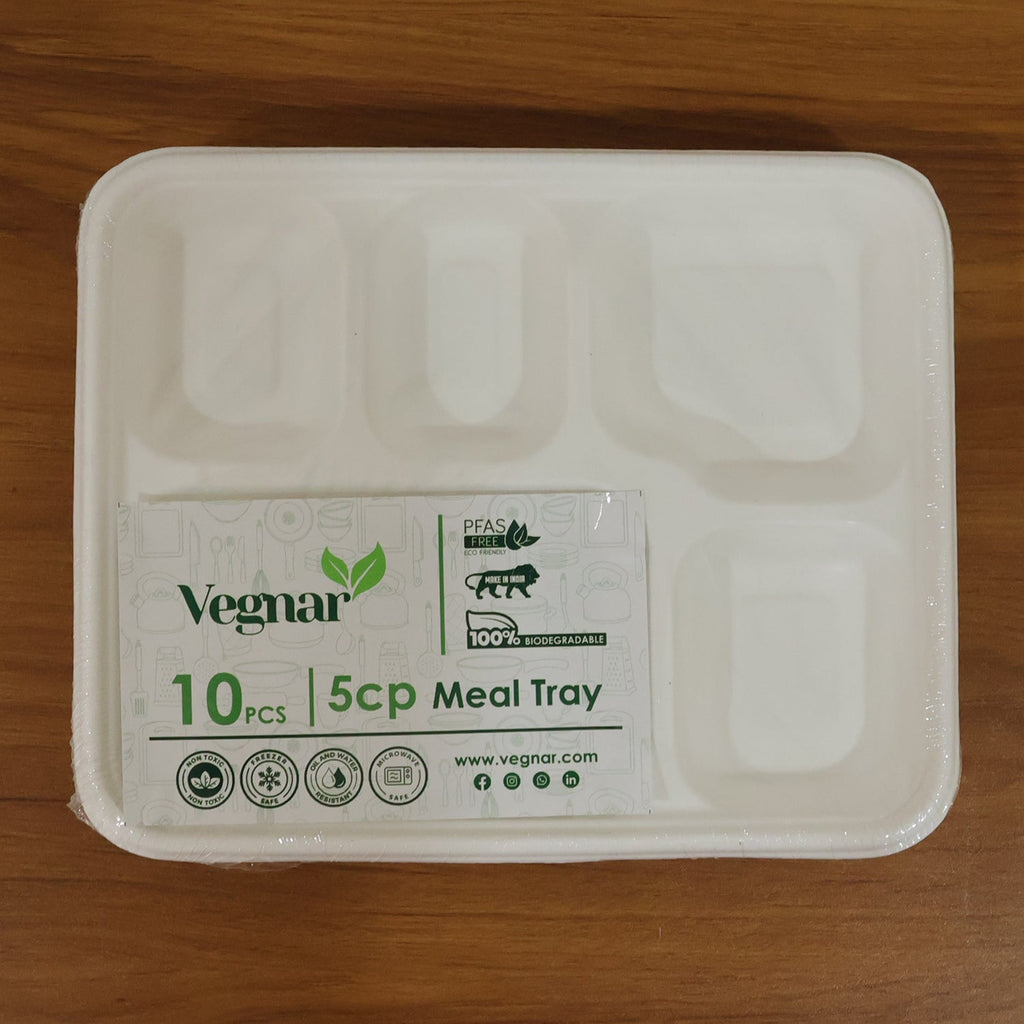 Microwave safe 5 section compostable bagasse meal tray for hot and cold foods
