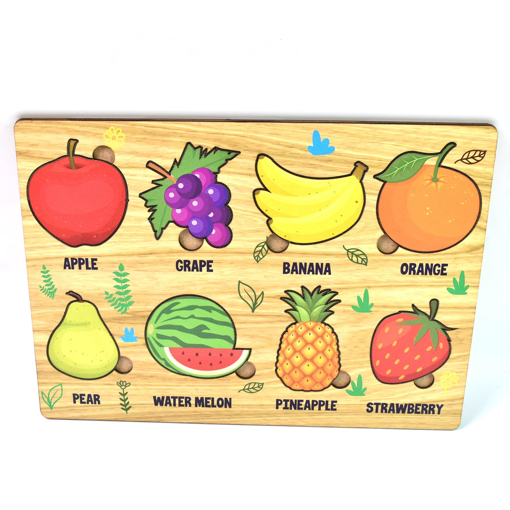 Overhead view of the eco-friendly wooden fruit puzzle, ready for play.
