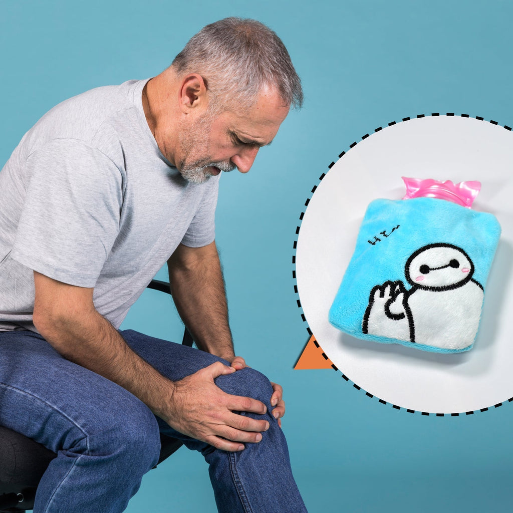 Compact and portable blue hot water bag, perfect for travel or home comfort.