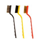 Close-up view of the brass, nylon, and stainless steel brushes from the versatile mini wire brush set.
