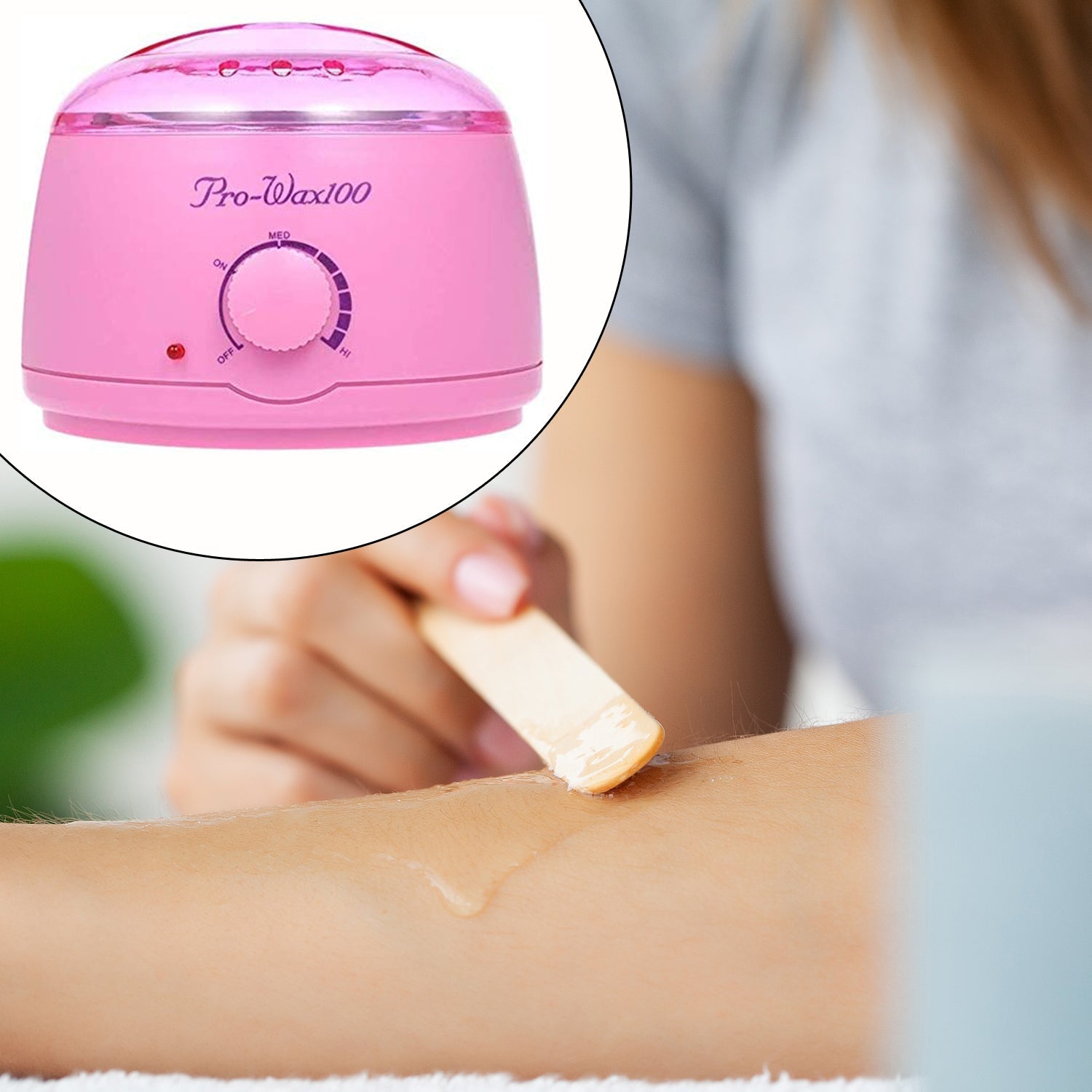 Close-up of the AuriGlam wax heater highlighting its automatic cut-off feature.