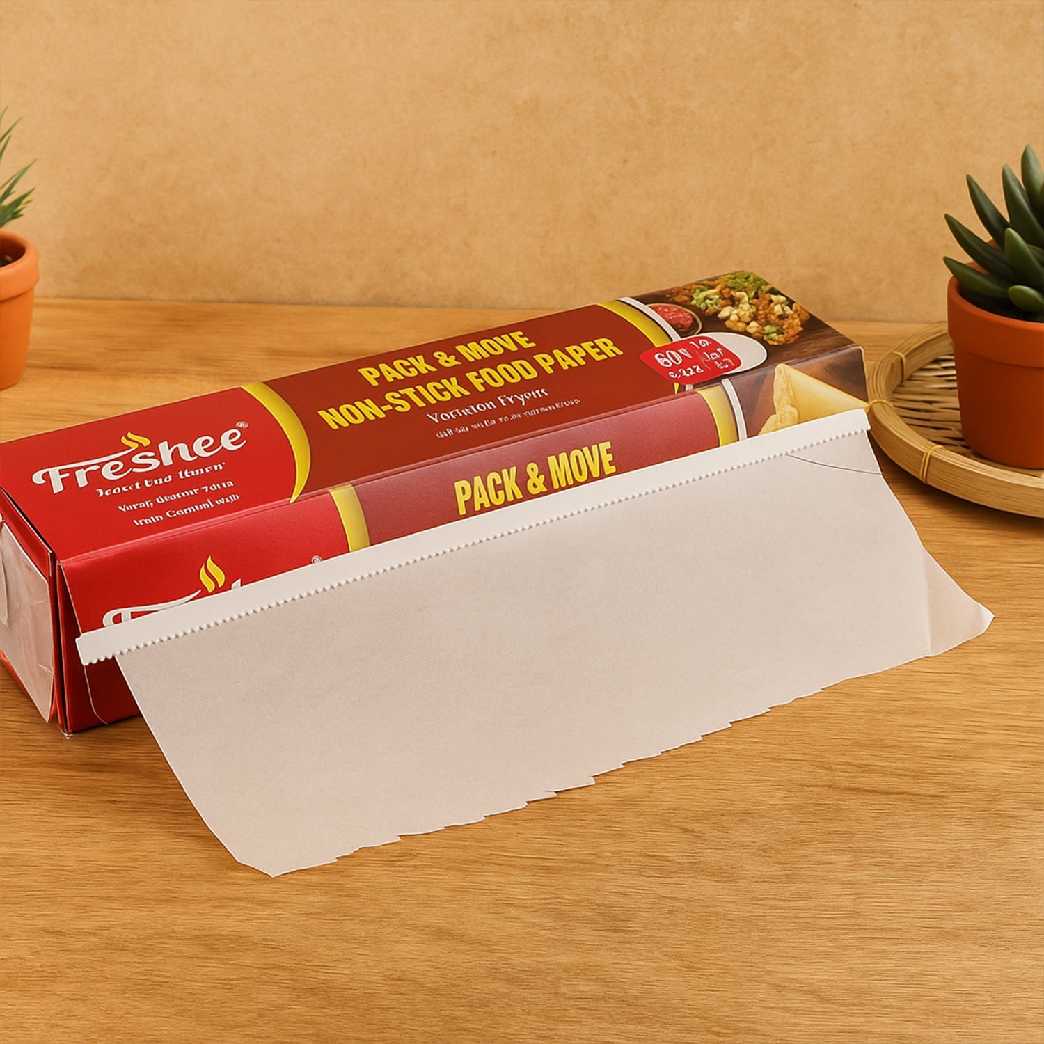 Freshee Non-Stick Food Paper Roll in dispenser box on kitchen counter