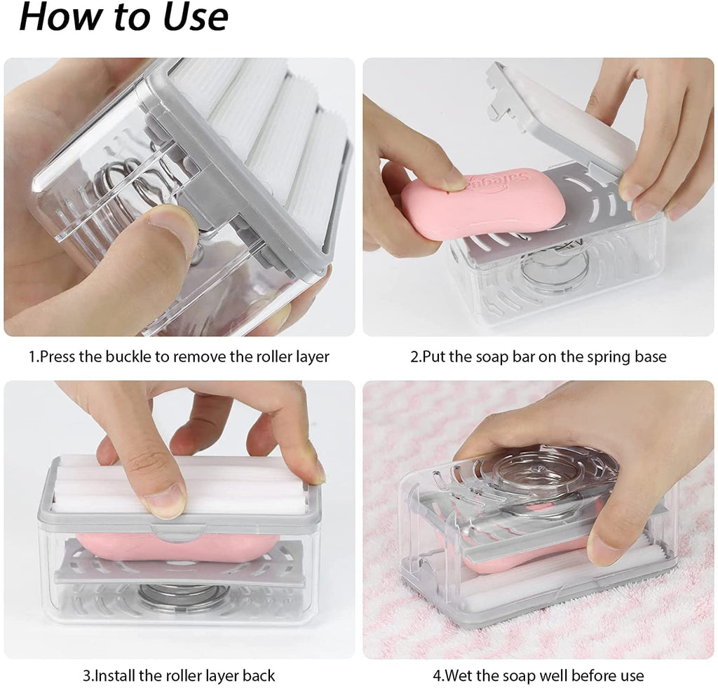 Ergonomic design of the soap roller brush for comfortable cloth washing.
