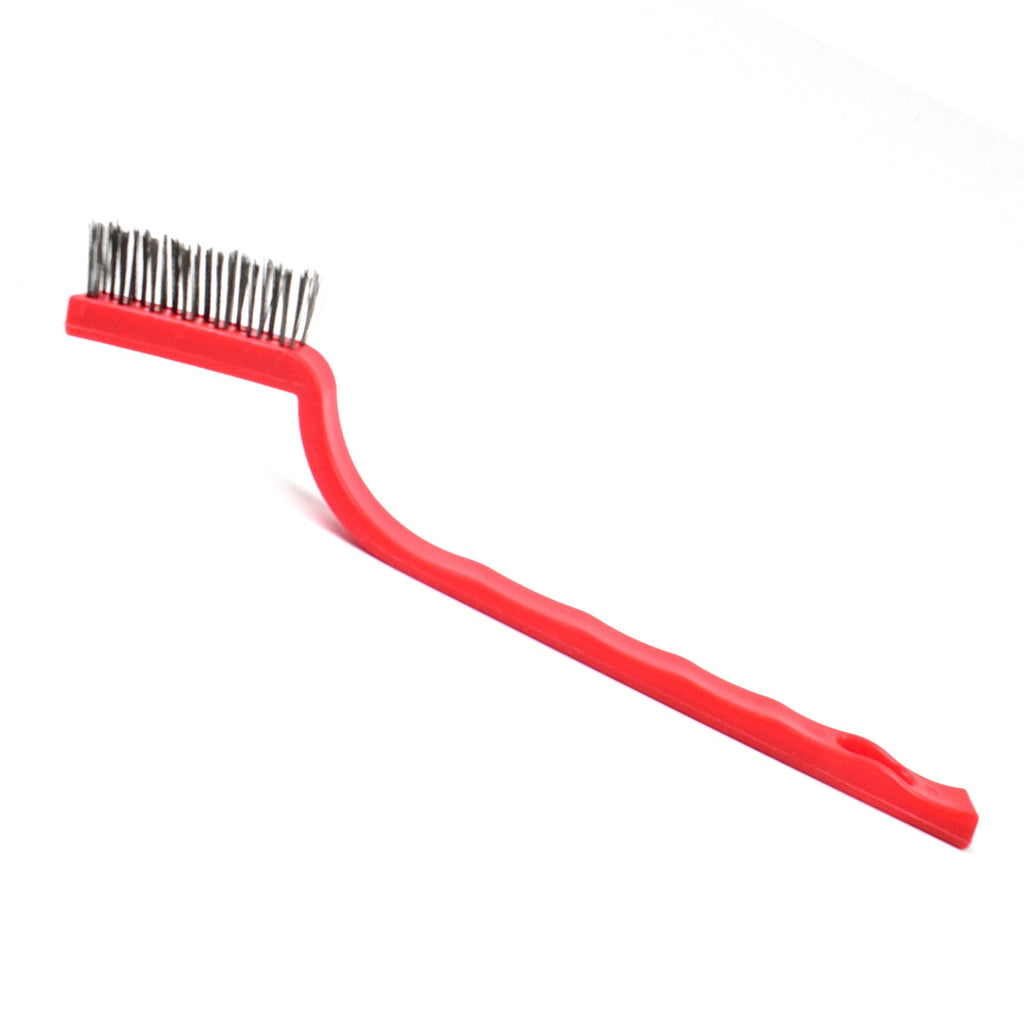 Mini steel scrub brush with an angled handle, ideal for precise rust removal.