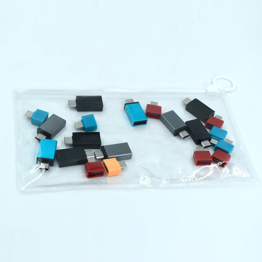 PHOBIA OTG adapter pack with Type C and Micro USB connectors shown with the zip pouch.