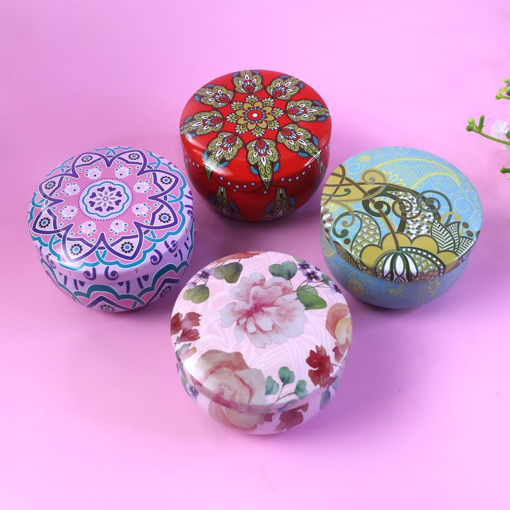 Close up of multicolor mandala artwork on metal candle container