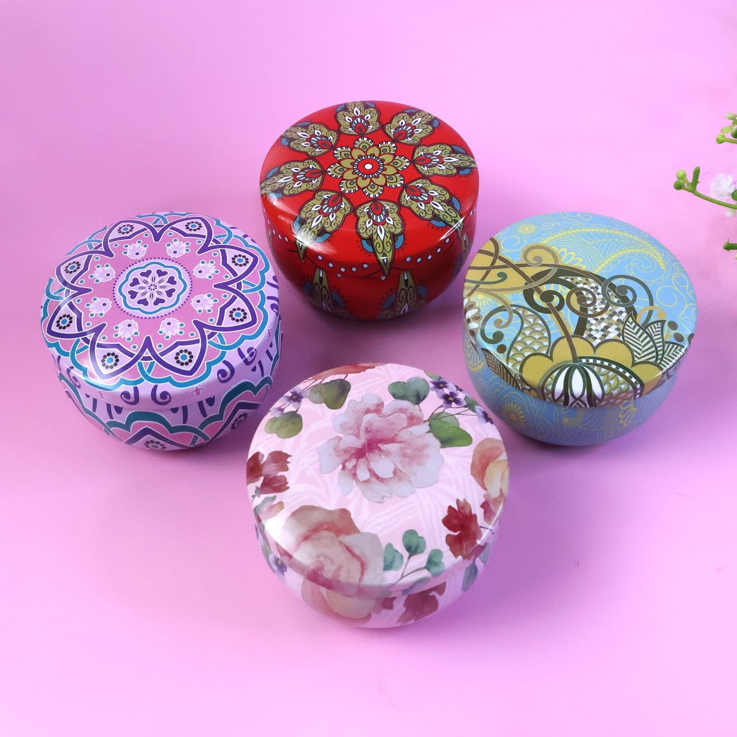 Close up of multicolor mandala artwork on metal candle container