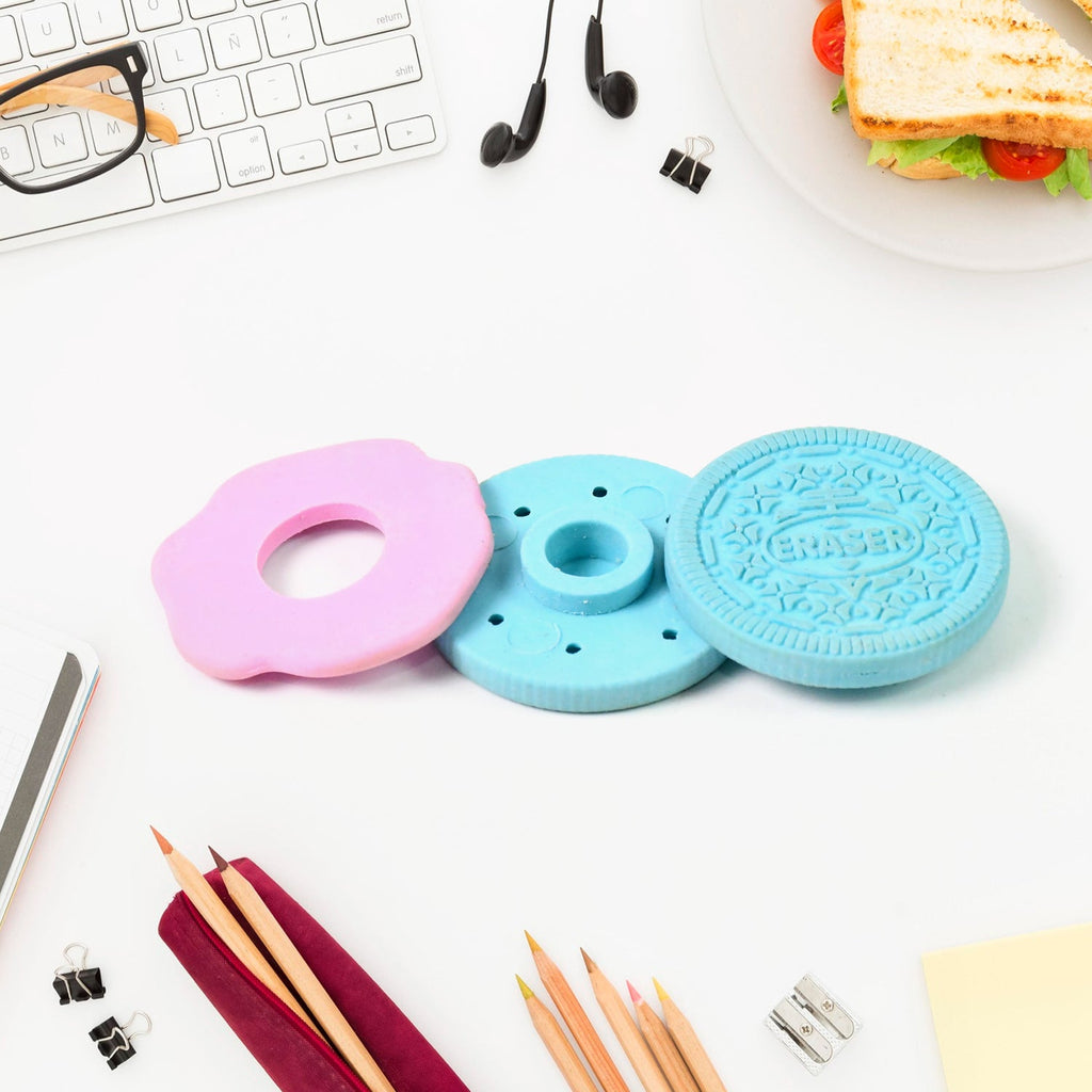 Generic packaging for a single biscuit eraser, ready for gifting.