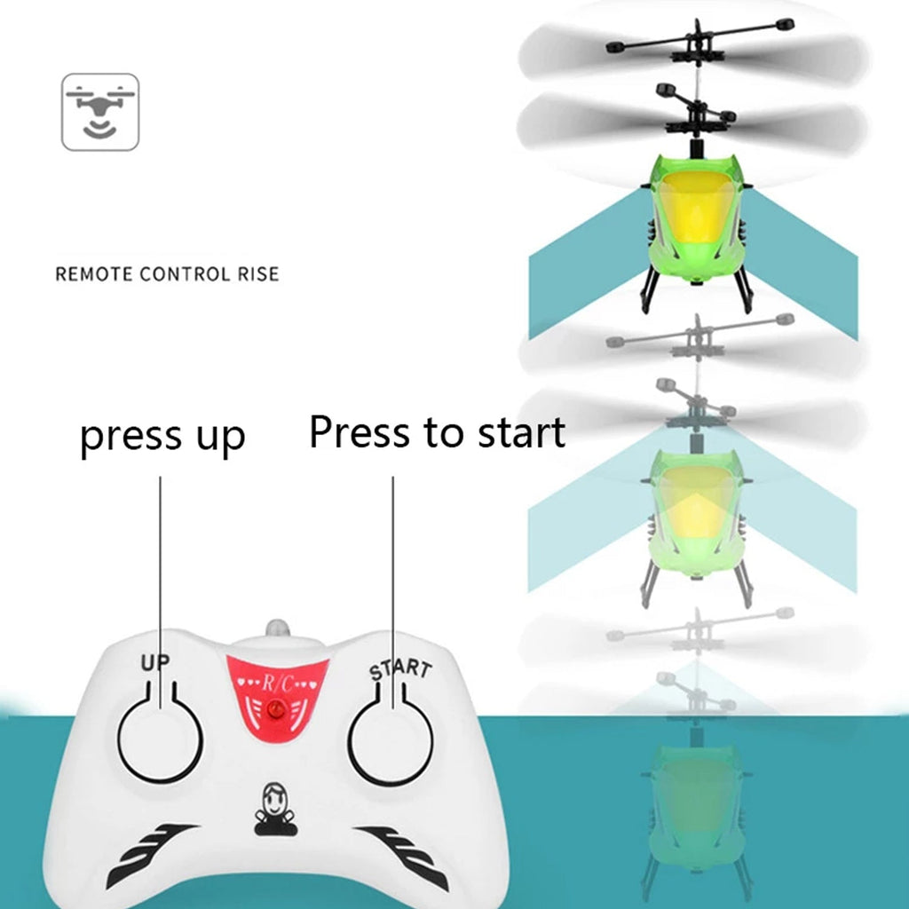 Side angle shot of the Remote Control Helicopter, demonstrating its stable flight and sleek profile.