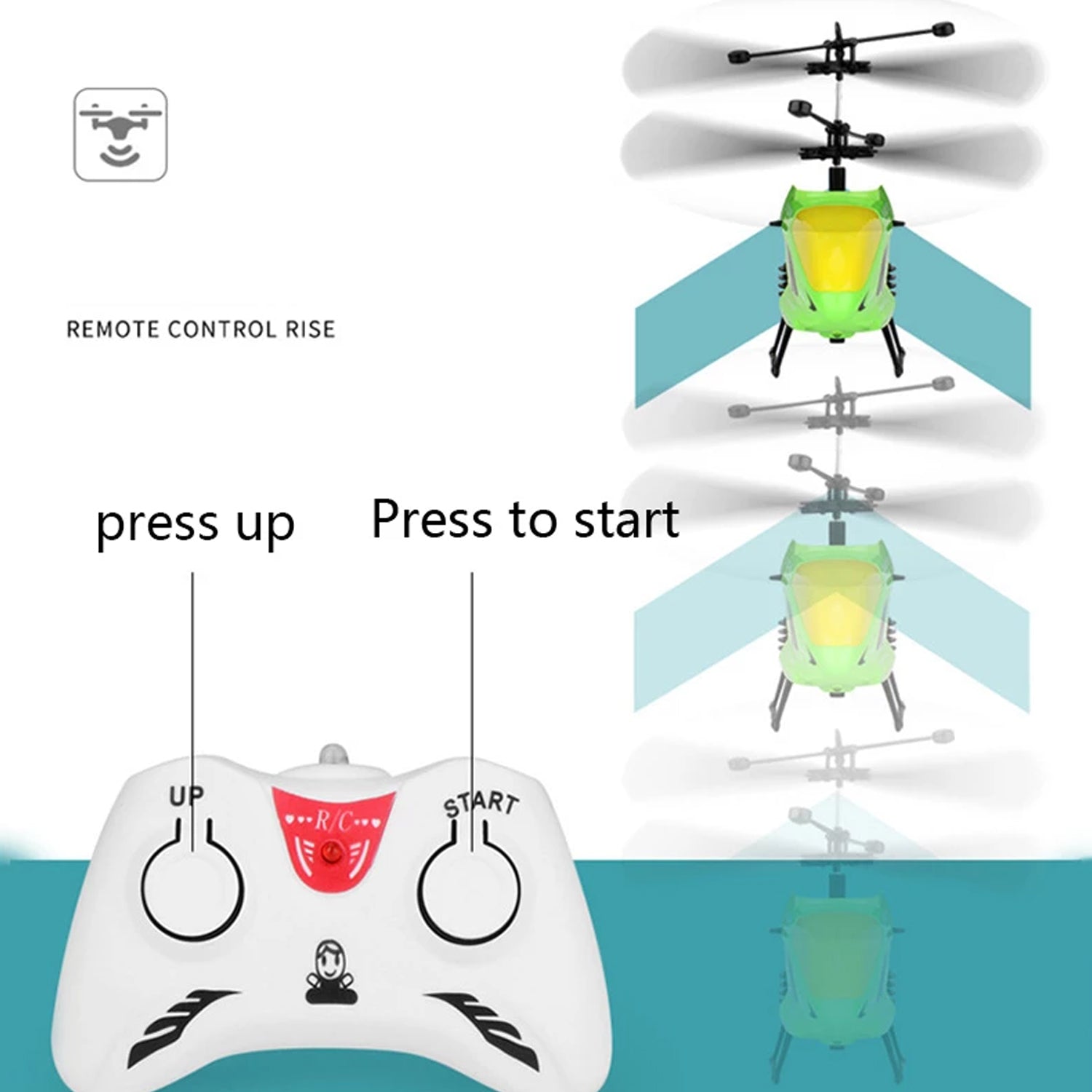 Side angle shot of the Remote Control Helicopter, demonstrating its stable flight and sleek profile.
