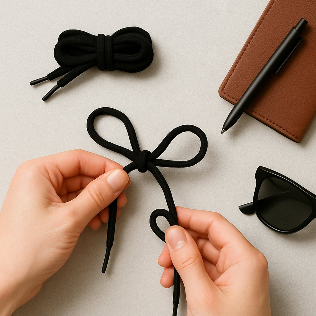 A neatly packaged pair of mixed color polyester shoe laces, ready for retail.