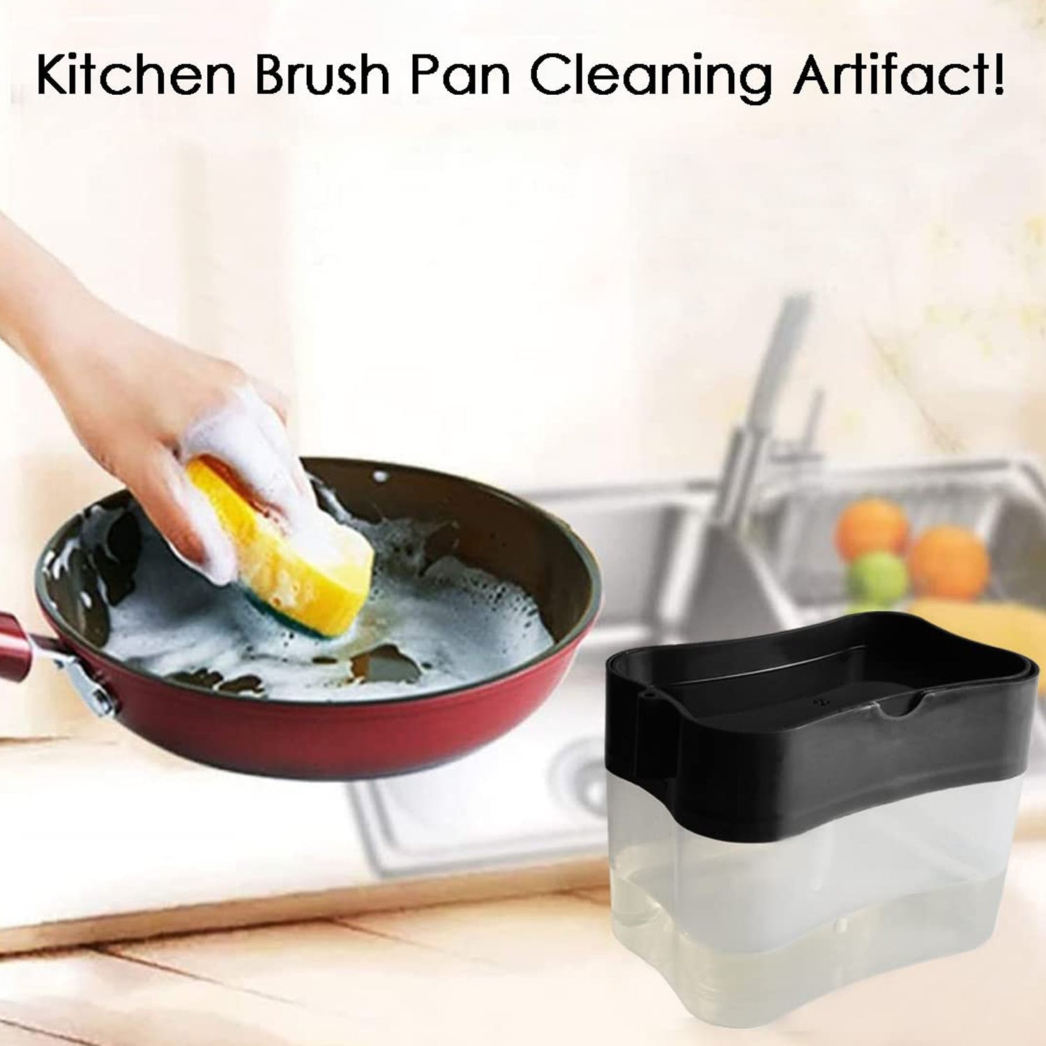 The Konvex 2-in-1 soap dispenser in an organised kitchen setting.