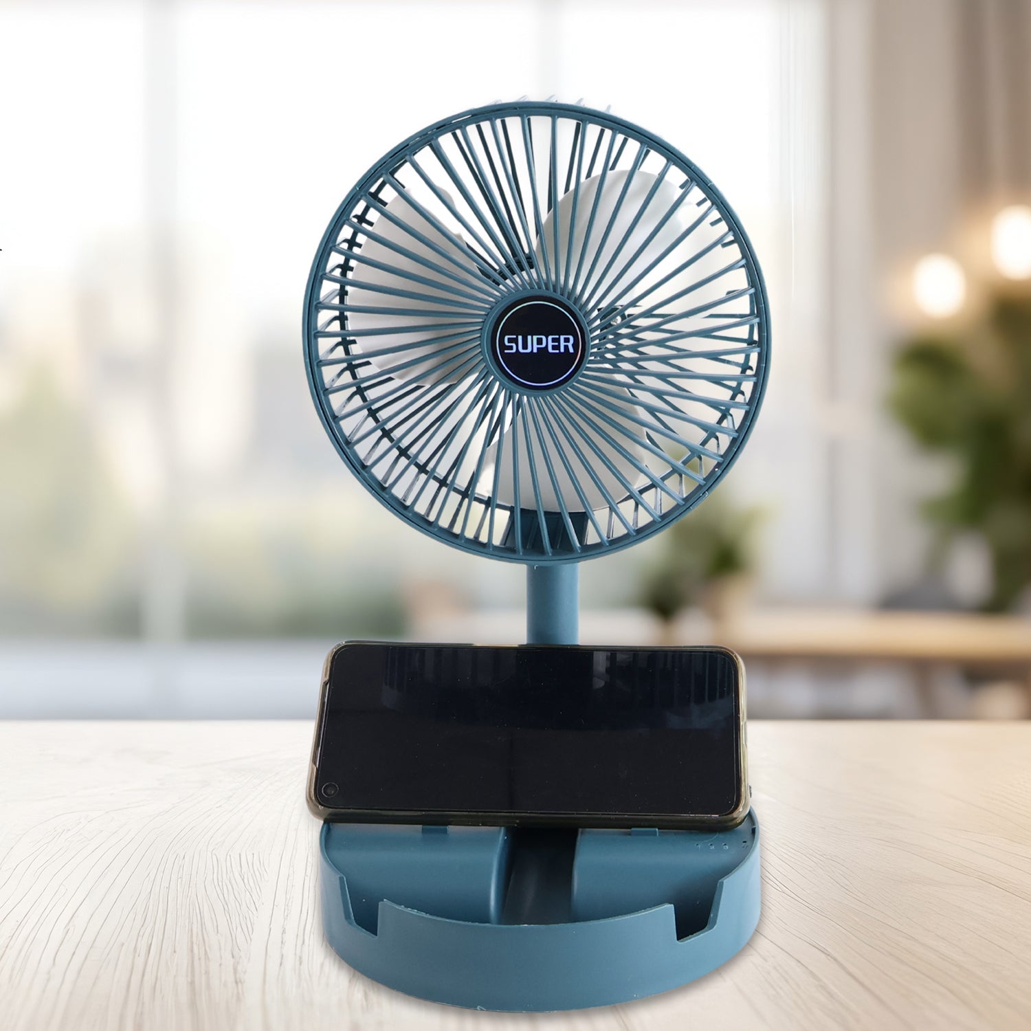 Side view of the Portable Desktop Fan extended, demonstrating its telescopic stand.