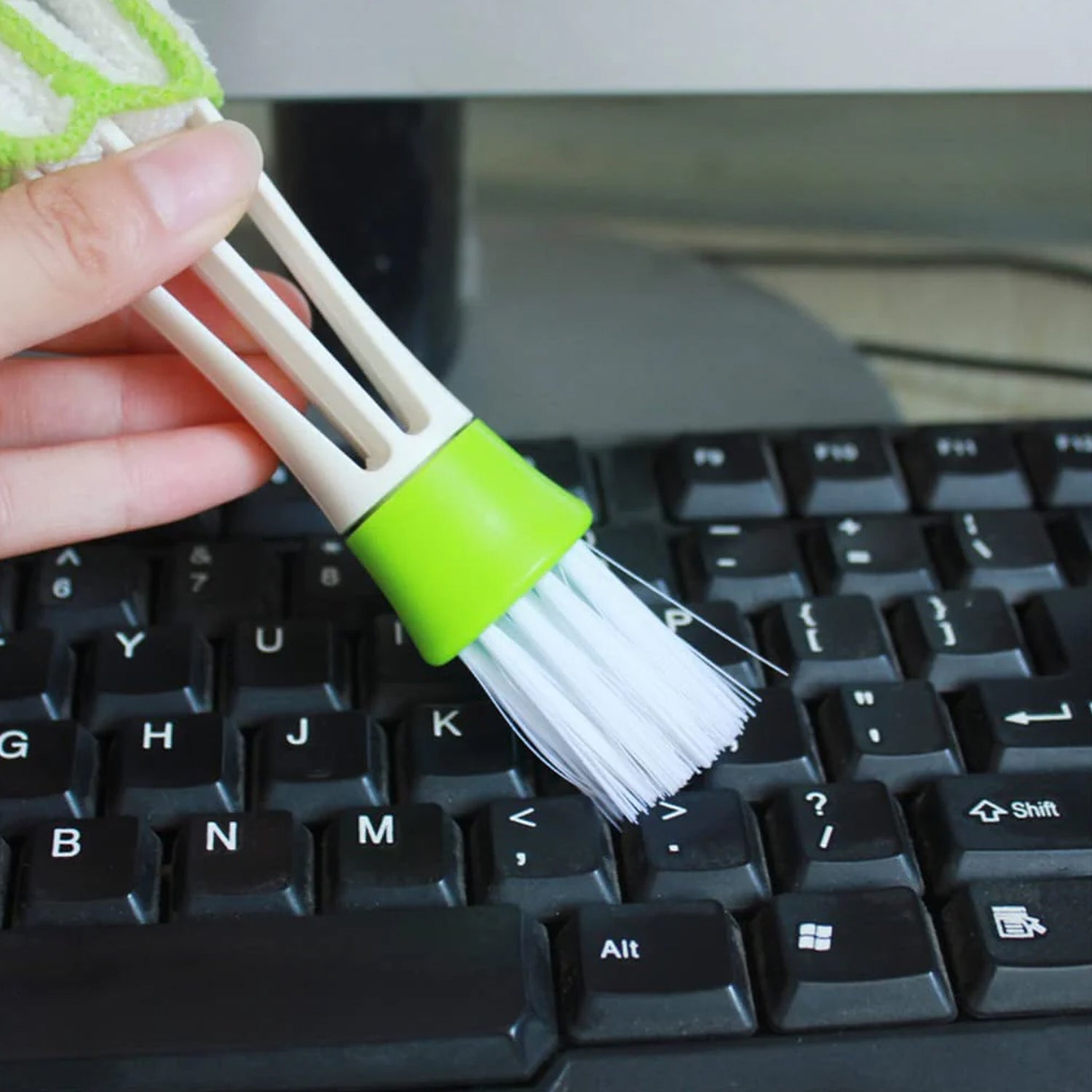 Macro shot of sponge scrubber in window cleaning tool set