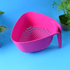Top view of triangular kitchen colander in kitchen use