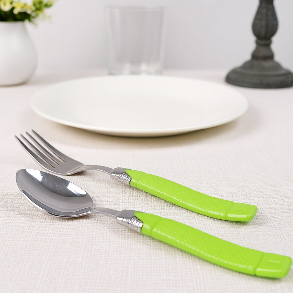Complete stainless steel cutlery set including forks and spoons with holder