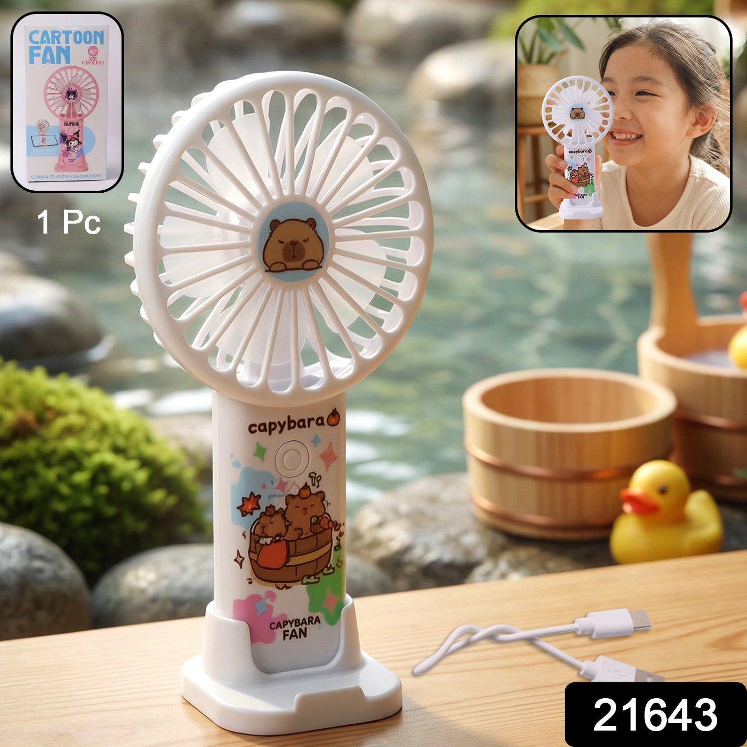 Rechargeable handheld fan featuring cartoon capybara design used as a hand fan