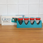 4-in-1 spice shaker set with stand showing dimensions and packaging