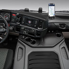 Car phone holder displaying the temporary parking number plate feature.