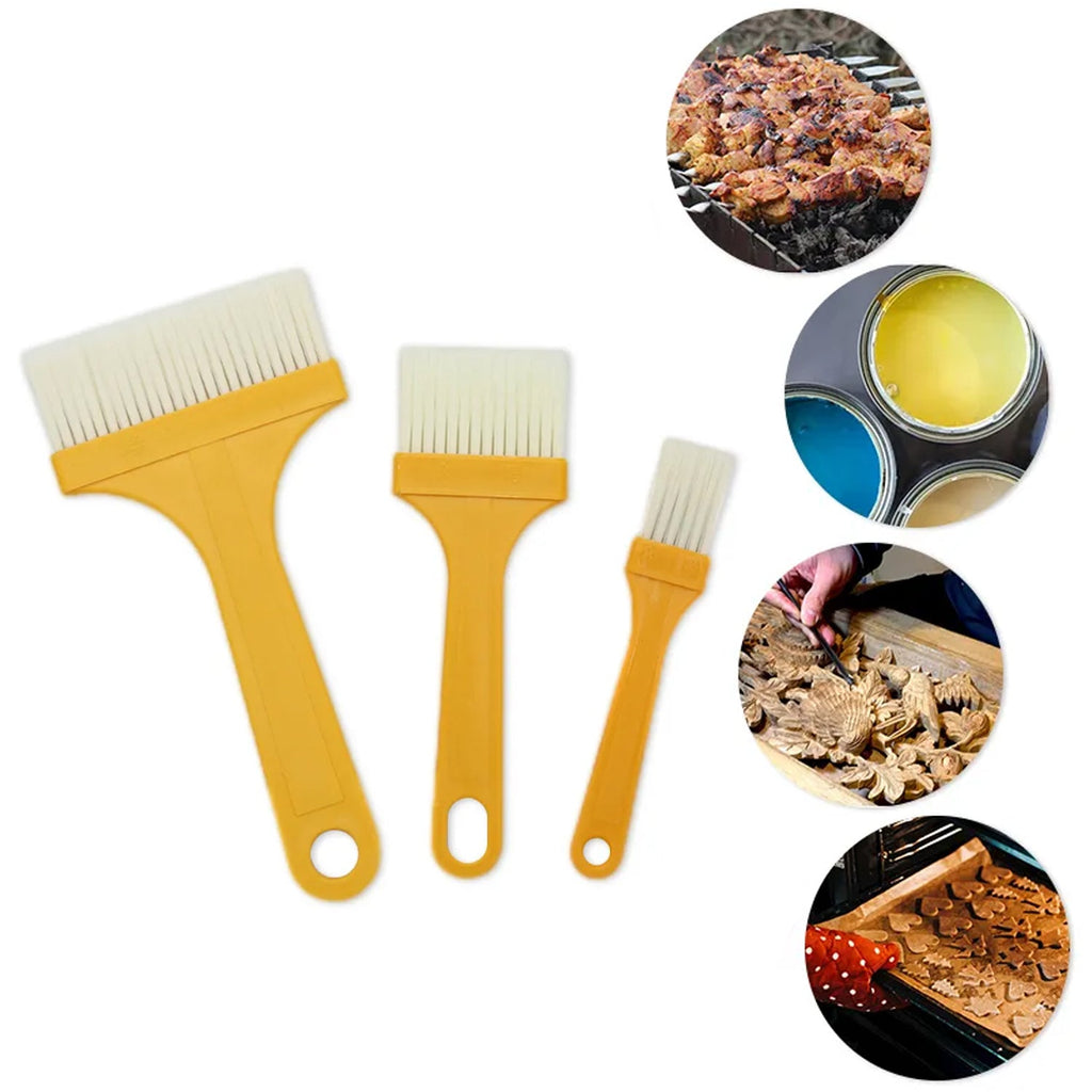 The three-piece basting brush set neatly arranged, highlighting their vibrant colours.