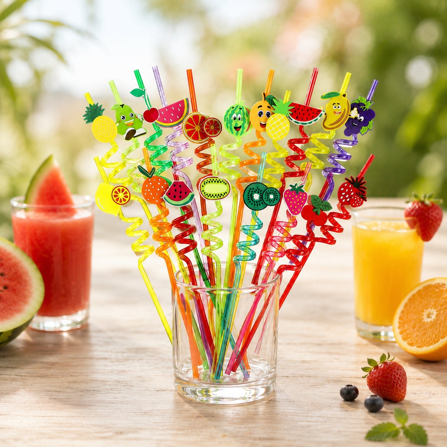 Vibrant set of reusable plastic straws neatly arranged on a party table.