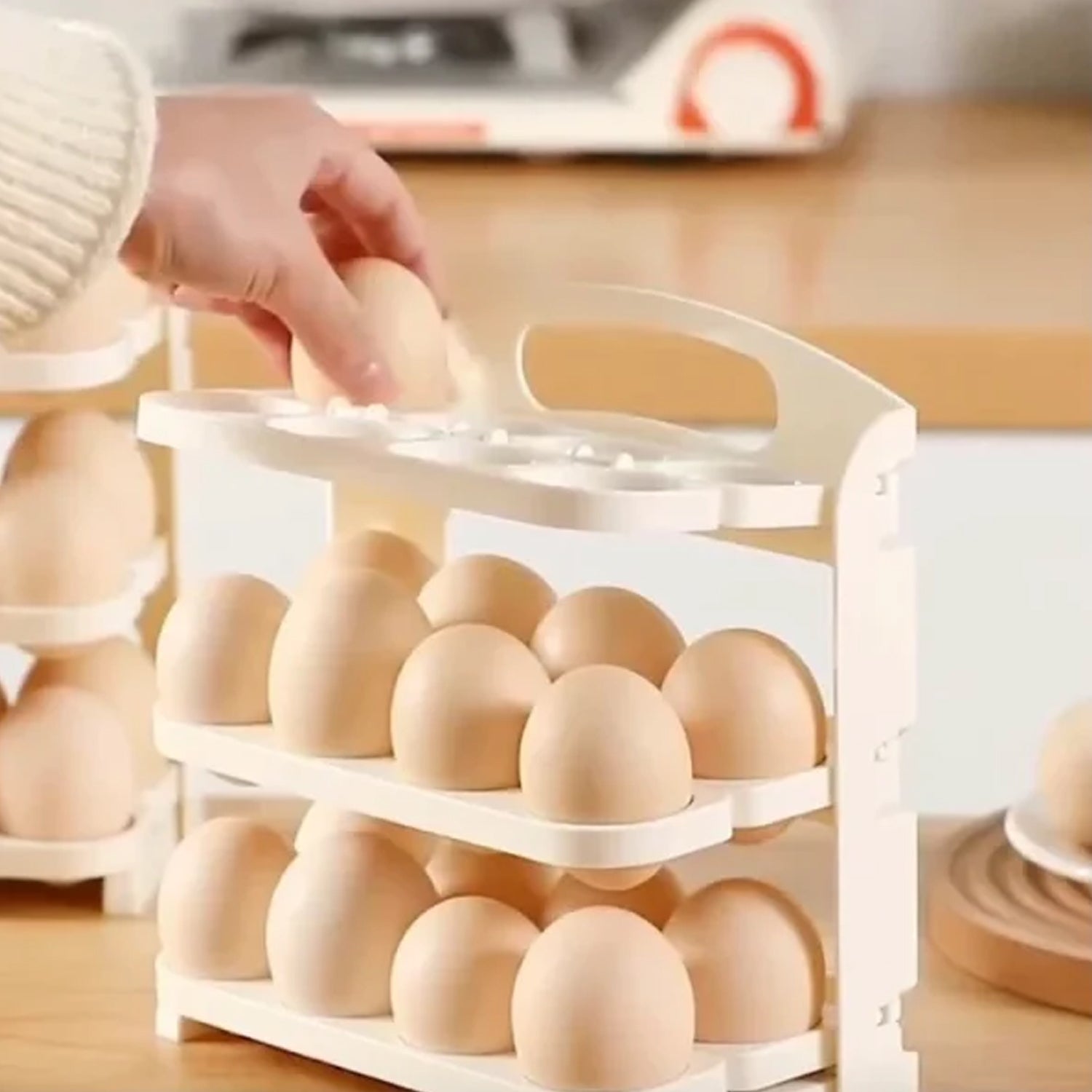 Close-up view of the individual egg compartments in the 24-grid plastic tray.
